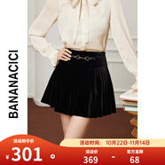 banana cici2024年秋冬新款復(fù)古裝飾腰帶百褶高腰黑絲絨半身短裙C2F4QZ227 黑色 L