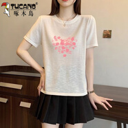 啄木鳥(niǎo)（TUCANO）純.棉夏季新款竹節棉正肩上衣韓版透氣寬松顯瘦半袖體恤短袖T恤女 愛(ài)心唇印 M (建議100斤內)