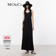 MO&Co.連衣裙涼感重工扎花破洞深U領(lǐng)寬松長款背心裙子長裙摩安珂 黑色 M 165