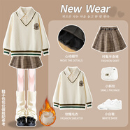 小豬彼特女童裙子冬款2025新款兒童半身裙秋冬格子裙女大童毛呢裙冬裝短裙 4068灰色+4948米白加絨【套裝-無(wú)鞋包】 140 cm