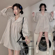 南啵丸女裝襯衫大碼春秋裝a字上衣遮遮肚子長(cháng)袖胖MM韓版寬松條紋襯衫 藍條紋 M