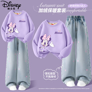 迪士尼童裝兒童衛衣套裝2025冬季新款韓版女童闊腿牛仔褲加絨保暖冬裝