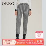 OBEG歐碧倩秋冬千鳥格七分褲直筒羊毛呢小個(gè)子褲子10404111 黑格 L /170/40