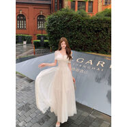 小紅書(shū)同款法式千金貴氣感白色一字領(lǐng)連衣裙女收腰大裙擺抹胸長(cháng)裙 白色 S