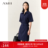 AMII女裝2025秋季新款氣質(zhì)通勤襯衫領(lǐng)短袖連衣裙女翻領(lǐng)套頭配腰帶 深海藍(lán) M 160/84A