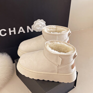 花花公子（PLAYBOY）白色厚底雪地靴女2025年新款冬季加絨加厚防水防滑保暖面包大棉鞋 米色 35