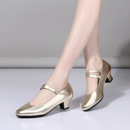 美德美新款女士拉丁舞蹈鞋軟底中高跟跳舞鞋新疆外穿銀色真皮廣場(chǎng)舞鞋子 金色跟高3.5厘米 34