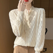 香影芬蕾絲打底衫女2025秋冬新款韓版寬松洋氣百搭花邊領燈籠袖針織衫女 米色 M (建議95-105斤)