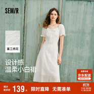 森馬（Semir）連衣裙女設(shè)計感重工繡花夏2025花邊翻領(lǐng)泡泡袖小白裙107425114041