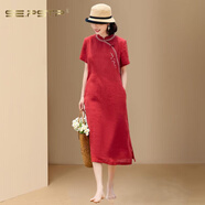 夏典素訂女王（SE.PSTP）棉麻旗袍夏季2025新款新中式女裝連衣裙子宴會(huì )麻料寬松蘋(píng)果型身材 紅色旗袍 M