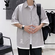 花花公子（PLAYBOY）撿漏假兩件短袖襯衫男士夏季薄款寬松潮流休閑大碼簡(jiǎn)約外套 灰色 M