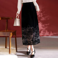 水墨佳人真絲絲絨燒花半身裙女秋季薄款高腰開(kāi)叉法式洋氣新款時(shí)尚百搭1989 黑色 M