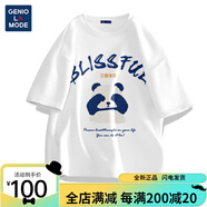 GENIOLAMODE夏季短袖t恤男夏季潮流上衣青少年卡通百搭寬松純棉半袖 淺米色( 白色(大熊貓先森) S165 均碼