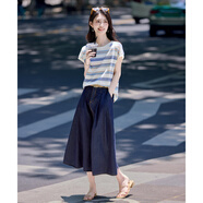 塔馳密司（touchmiss）夏季休閑條紋短袖T恤薄款牛仔半身裙兩件套女休閑時(shí)尚套裝 藍/多色 L