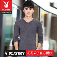 花花公子（PLAYBOY）秋冬季男士加絨純棉打底衫v領(lǐng)長(cháng)袖t恤加厚保暖衣服男白色秋衣體恤 官方店品牌深灰 薄款 M