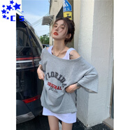 CS.LIONt恤女大版露肩寬松韓版中長(cháng)款2025年夏季新款慵懶風(fēng)短袖上衣ins潮 灰T恤 L 106-120斤