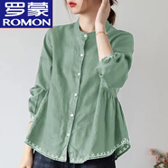 羅蒙（ROMON）春夏韓版高端立領(lǐng)襯衣女棉質(zhì)長(cháng)袖娃娃衫A字寬松遮肚大碼上裝 綠瓷色 XL 建議120-135斤