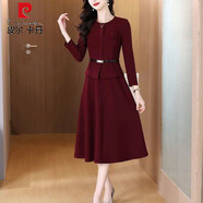 皮爾卡丹（pierre cardin）實(shí)拍酒紅色假兩件大擺連衣裙2025秋季時(shí)尚修身收腰顯瘦氣質(zhì)長(cháng)裙 酒紅色 XL 【建議110-120斤】