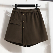 HKWZ大碼女裝加肥加大2025秋冬新款假兩件短褲短裙毛呢半身裙褲休閑褲 深棕色 S