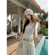 Maycaur法式重工鏤空刺繡抹胸洋裝女秋海邊度假風(fēng)超仙裹胸氣質(zhì)沙灘長(cháng)裙 腰帶+洋裝 S