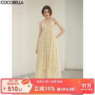 COCOBELLA萬針刺繡炒色流蘇仙女連衣裙蕾絲拼接吊帶裙FR0079 奶油黃 S