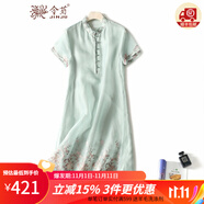 金菊春夏新款復(fù)古優(yōu)雅真絲連衣裙中國(guó)風(fēng)刺繡100%桑蠶絲中長(zhǎng)裙文藝茶藝 綠色 M