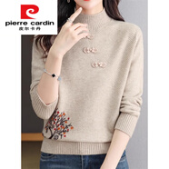 皮爾卡丹（pierre cardin）仿羊毛衫女國(guó)風(fēng)新中式毛衣媽m媽打底衫秋冬新款大d碼長(zhǎng)袖盤扣針織 米杏色【優(yōu)品】 S