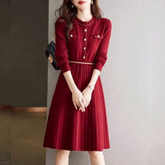 夏典素訂女王（SE.PSTP）小香風(fēng)氣質(zhì)名媛2025秋冬新款中長(cháng)款連衣裙女木耳邊圓領(lǐng)針織毛衣裙 紅色 S