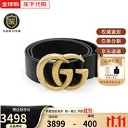 古馳（GUCCI）【送老師】舊金色雙G皮革荔枝皮平滑扣 牛皮 腰帶 男女同款情侶款 400593 AP00T 1000黑色4cm 110碼適合3.3-3.5尺腰圍40-42碼褲