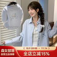 森女部落可愛(ài)貓咪寬松粉色襯衫女polo領(lǐng)上衣薄款外套2025新款夏 藍色襯衫 單件 M