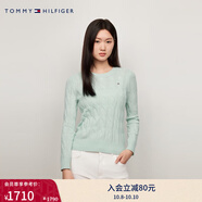 TOMMY HILFIGER【明星同款系列】秋冬女裝絞花肌理休閑通勤內搭羊毛衫毛衣 淡綠色LZV M （推薦：110-120斤）