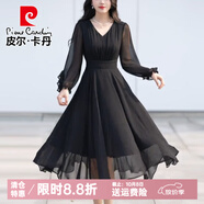 皮爾卡丹法式黑色連衣裙女士長(cháng)袖春夏新款媽媽雪紡氣質(zhì)長(cháng)裙高級感網(wǎng)紗裙子 黑色 M 【80-100斤】