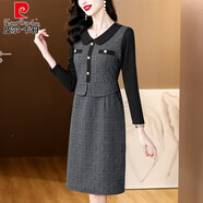 皮爾卡丹（pierre cardin）小香風(fēng)假兩件連衣裙女2026秋冬新款媽媽裝時(shí)尚娃娃領(lǐng)加絨保暖裙子 灰色(不加絨款) 3XL 120-130斤