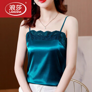 浪莎（LangSha）真絲吊帶背心女內搭蕾絲拼接緞面雪紡上衣夏季寬松外穿打底衫 湖藍【301】 L 95-105斤