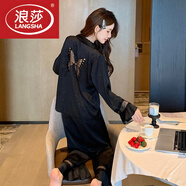 浪莎（LangSha）冰感睡衣女款春秋款新款感長袖真絲綢鏤空蝴蝶黑色家居服 后背鏤空蝴蝶黑色【衣身無亮片】 M (80-105斤)