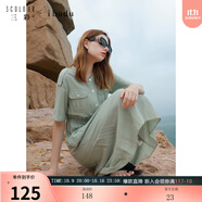 三彩秋款寬松松緊腰休閑工裝口袋連衣裙短袖長裙 淡灰綠 S 155/80A