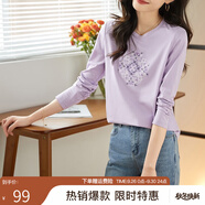 熙世界長袖T恤女2025春季新款民族風復古刺繡百搭寬松圓領體恤衫 紫芒色 XL
