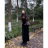 園翌vintage古著(zhù)感黑色連衣裙女秋冬日系慵懶風(fēng)燈芯絨疊穿高腰背帶裙 黑色【赫本風(fēng)小黑裙/日系復古穿搭/質(zhì)感感/韓系感穿 S