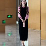 敲言紅色拼接絲絨黑色輕奢氣質(zhì)高級感連衣裙2025秋冬新款長(cháng)裙裙子女裝 黑色連衣裙 （配腰帶） L （105-115斤內）