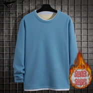 七匹狼狼影休閑長(cháng)袖男t恤春秋冬男生加絨衣服圓領(lǐng)體恤 藍色 加絨 L 建議95-110斤