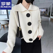 羅蒙（ROMON）軟糯短款毛衣開(kāi)衫女POLO領(lǐng)子加厚寬松時(shí)尚大紐扣翻領(lǐng)針織外套上衣 米白色 【高密版】 S  80-90斤