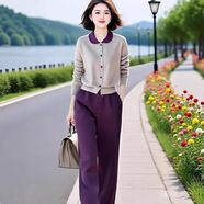 葉紫楓（YEZIFENG）毛衣套裝女秋冬新款撞色翻領(lǐng)針織衫+休閑褲兩件套時尚套裝女 上衣 S
