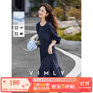 梵希蔓森女系藍色格紋圓領連衣裙女2025秋季新款收腰顯瘦a字長裙 A2807 藏藍格 S （建議90-100斤）