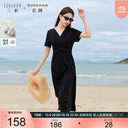 三彩大碼女裝2025夏季新款交叉綁帶小黑裙連衣裙V領(lǐng)短袖氣質(zhì)胖MM
