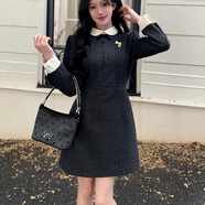 智立冠大碼女裝胖mm法式千金感氣質(zhì)收腰顯瘦毛呢波點(diǎn)長(cháng)袖連衣裙 短款裙 2XL 大碼