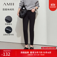 AMII女裝2025冬季溫暖內(nèi)磨毛修身顯瘦牛仔褲女毛邊小腳褲鉛筆 碳黑 M 160/68A
