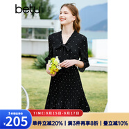 百圖betu女裝春夏新款連衣裙七分喇叭袖飄帶壓褶連衣裙女2302T70 黑色 XS