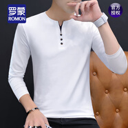 羅蒙（ROMON）立領(lǐng)純棉長(cháng)袖t恤男裝秋冬季打底衫加絨加厚V中半高領(lǐng)保暖內衣 LQ-春秋薄 款126V 領(lǐng)-白色 L 碼[115-130斤]
