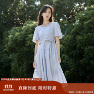 茵曼（INMAN）夏季法式收腰提花肌理女裝方領連衣裙文藝風泡泡袖裙子 藍色 M