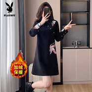 花花公子（PLAYBOY）加絨加厚衛衣中長(cháng)款女春秋質(zhì)感洋氣保暖顯瘦休閑遮肚子連衣裙 高端黑色（冬裝升級加絨版 XL (建議122-135斤)